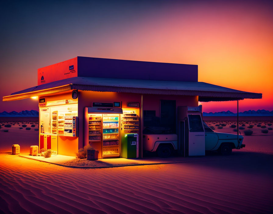 Desert Gas Station at Twilight: Warm Lights Against Sunset Sky