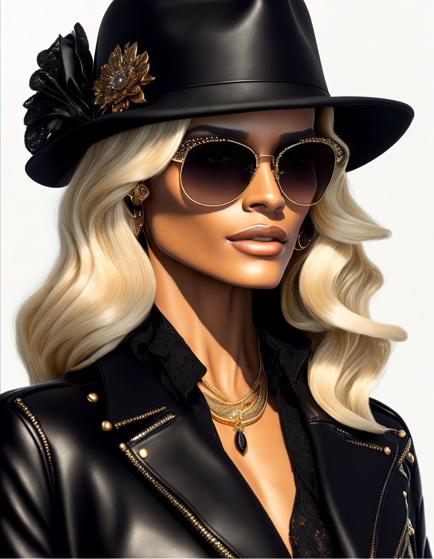 Blonde woman in black hat, sunglasses, leather jacket