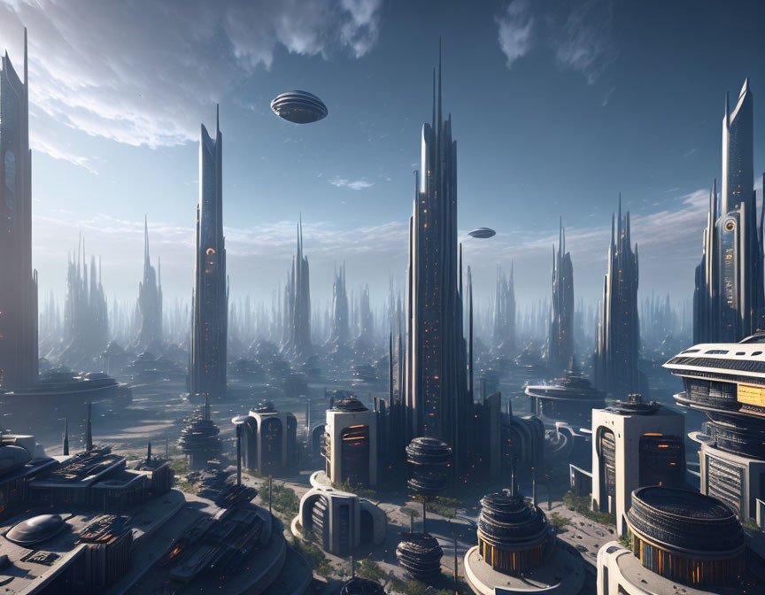 Modern cityscape with skyscrapers, flying vehicles, and futuristic architecture