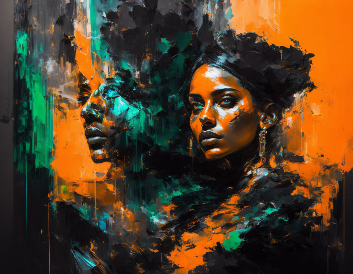 Vibrant abstract painting of intertwined women's faces in orange, black, and turquoise on dark background