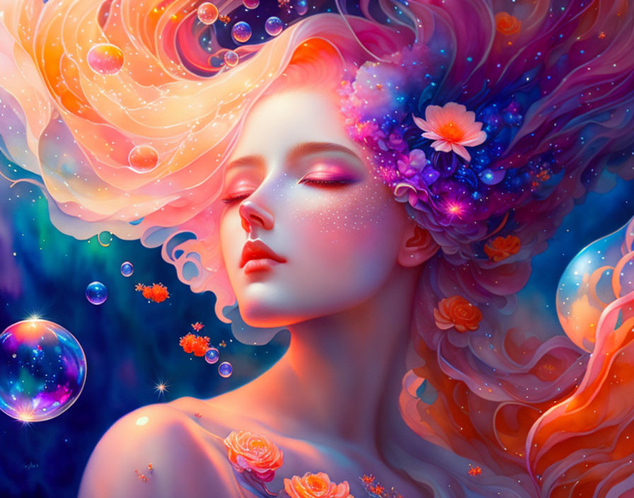 Fantastical woman with floral hair in cosmic scene