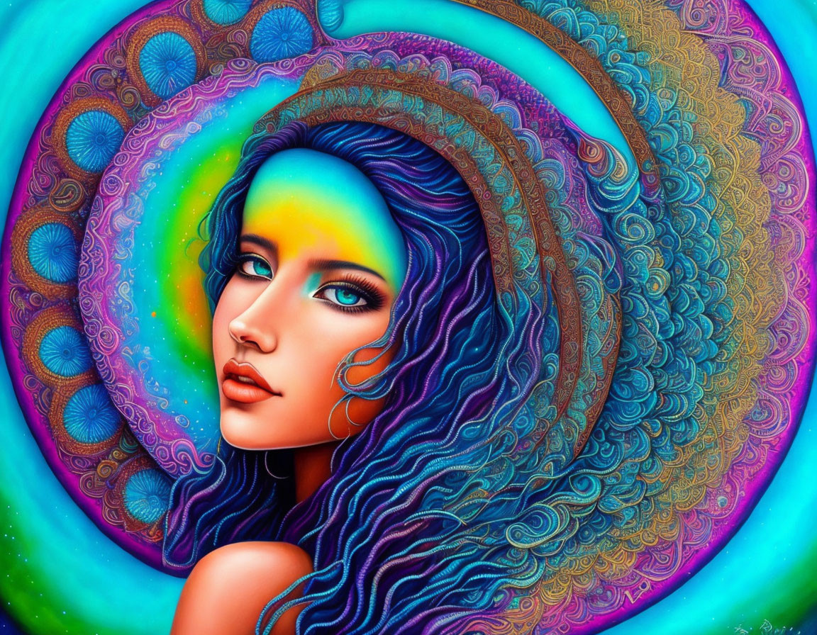 Colorful artwork: Woman with blue hair and intricate patterns in psychedelic and mandala fusion