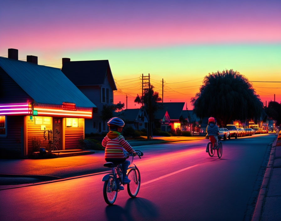 Twilight scene: Two bikers in suburb with vibrant sunset colors.