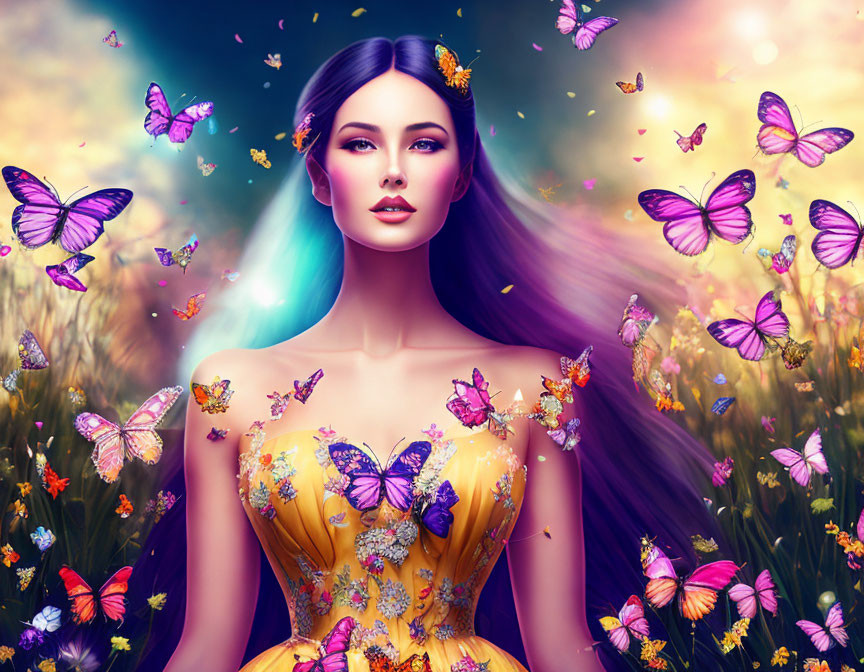 Digital Art: Woman with Purple Hair Surrounded by Butterflies in Dreamy Meadow