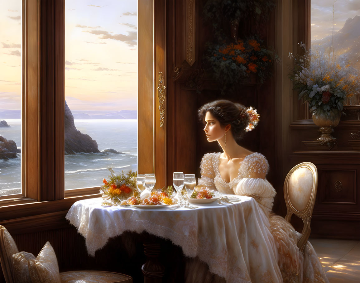 Vintage-dressed woman at seaside dining table during sunset.