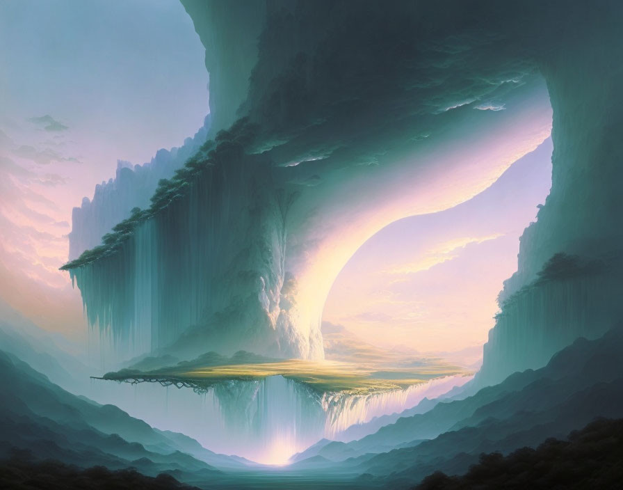 Ethereal waterfall in fantastical landscape