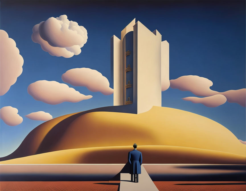 Person gazes at surreal book-shaped building on hill under blue sky