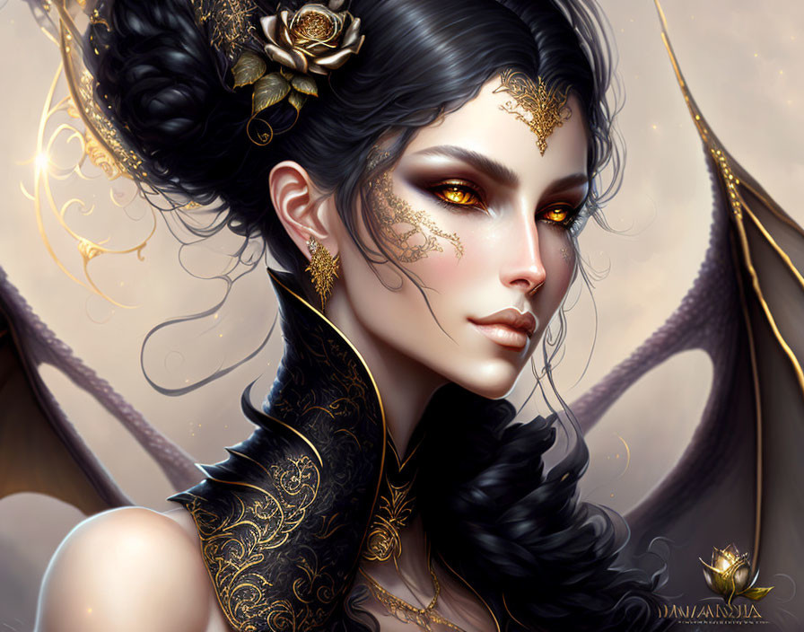 Digital artwork: Woman with fantasy makeup, gold accessories, dark gown.