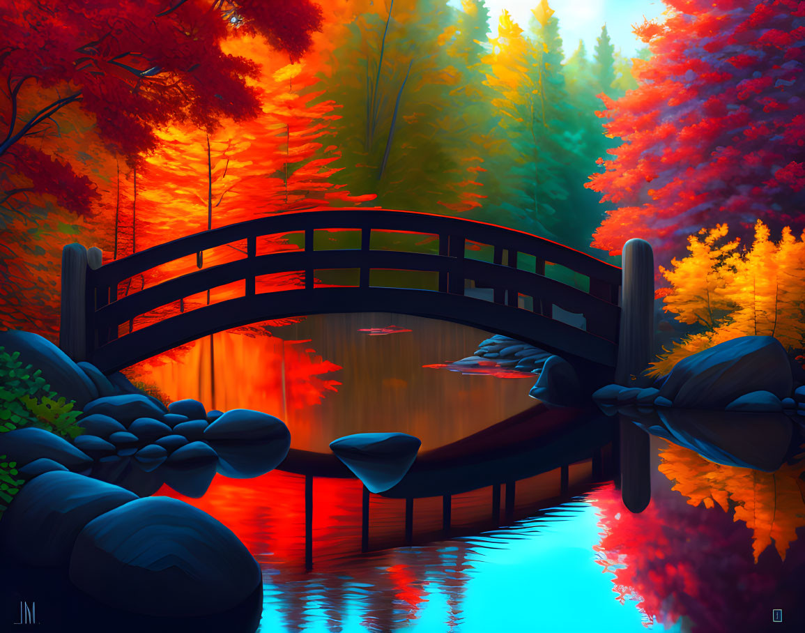 Scenic wooden bridge over autumn pond with colorful trees