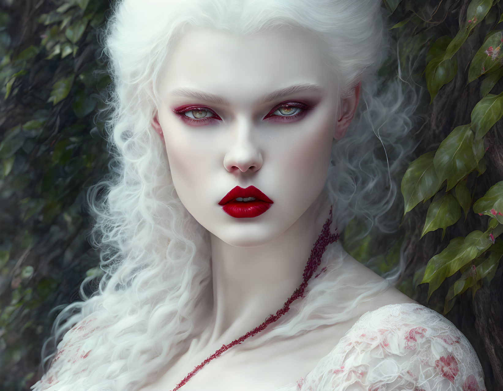 Pale woman with red eyes, white hair, and lace dress by green foliage