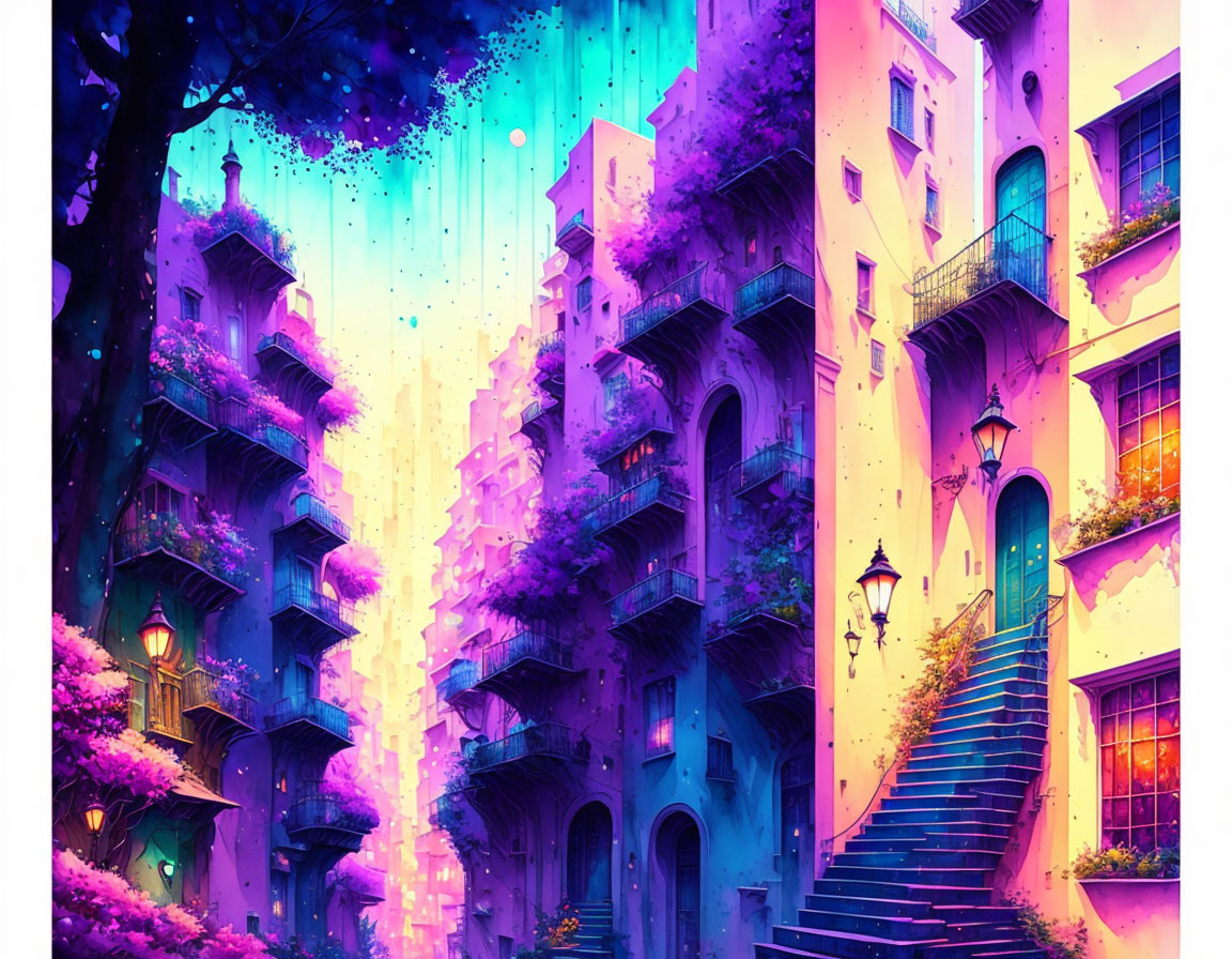 Whimsical narrow street digital artwork with magical sky