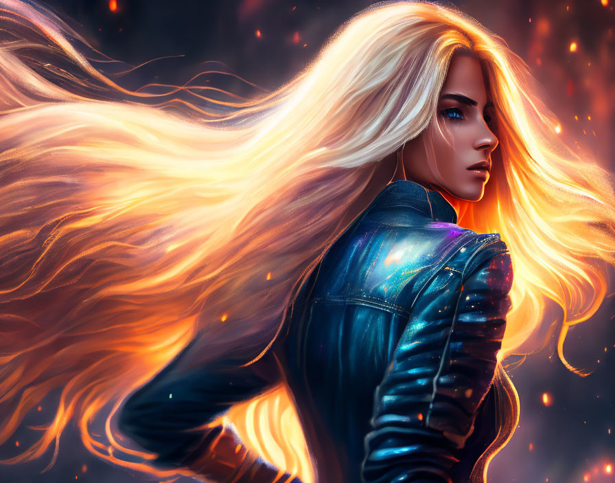 Blonde woman in leather jacket amid fiery embers and cosmic glow