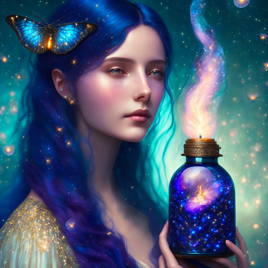 Blue-haired woman with butterfly and galaxy jar on starry background.