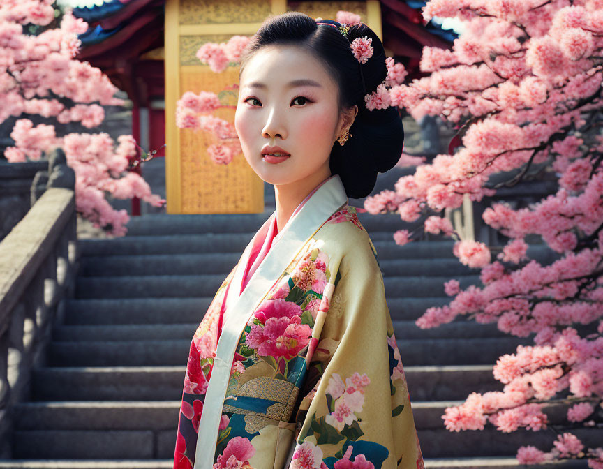 Traditional kimono-clad woman near cherry blossoms with elegant makeup and hairstyle