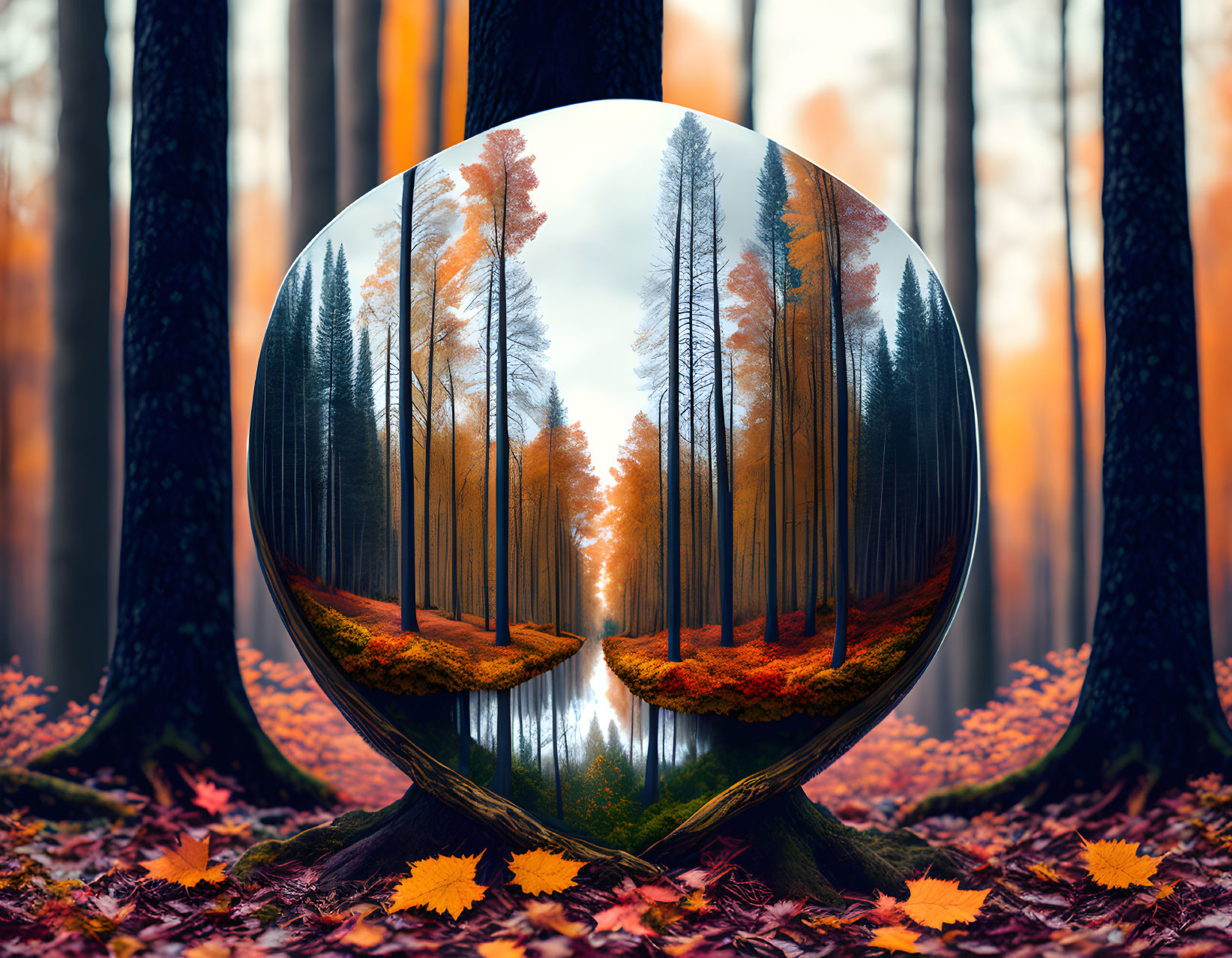 Autumn forest scene reflected in glass sphere