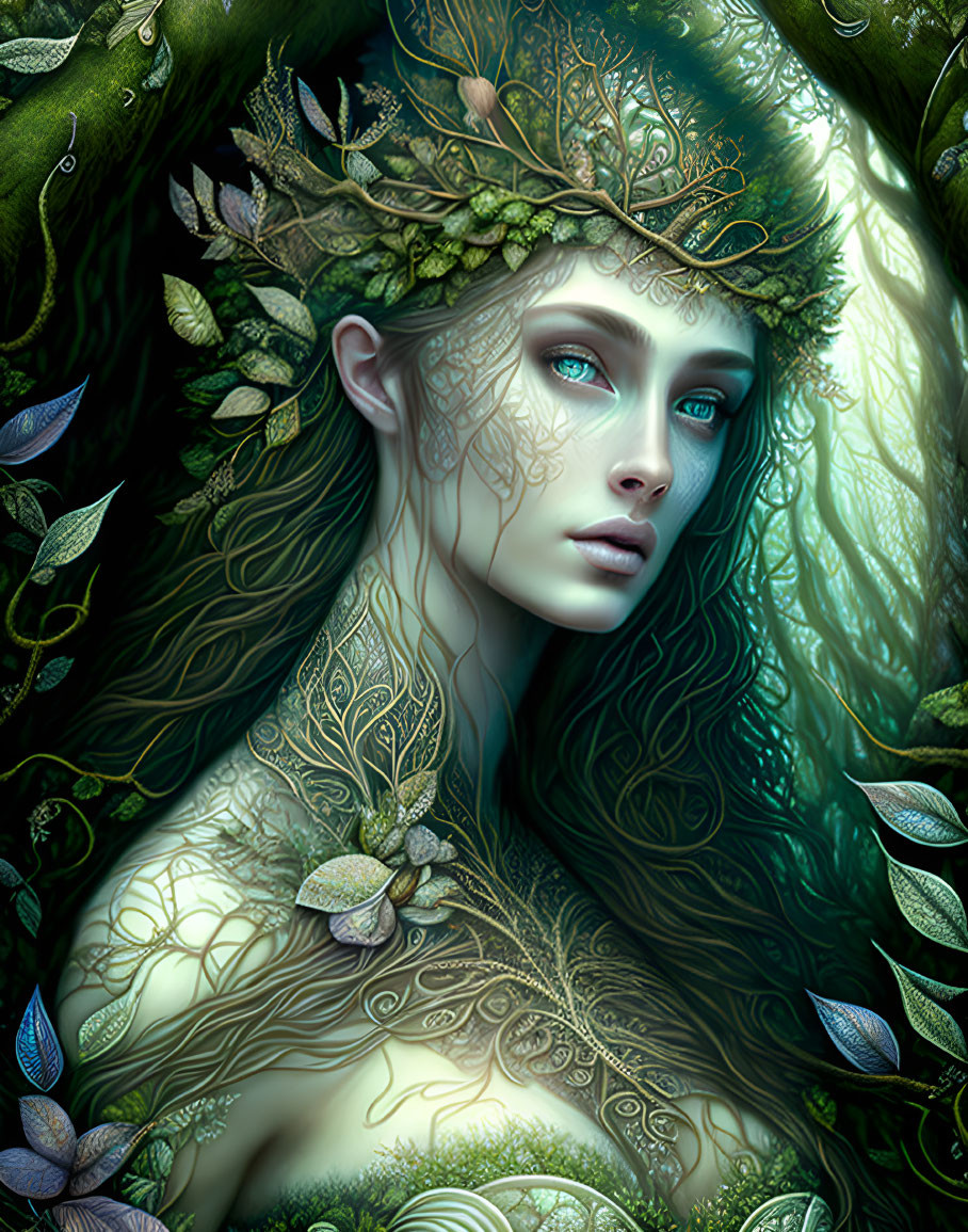 Mystical female figure adorned with green foliage and branches.