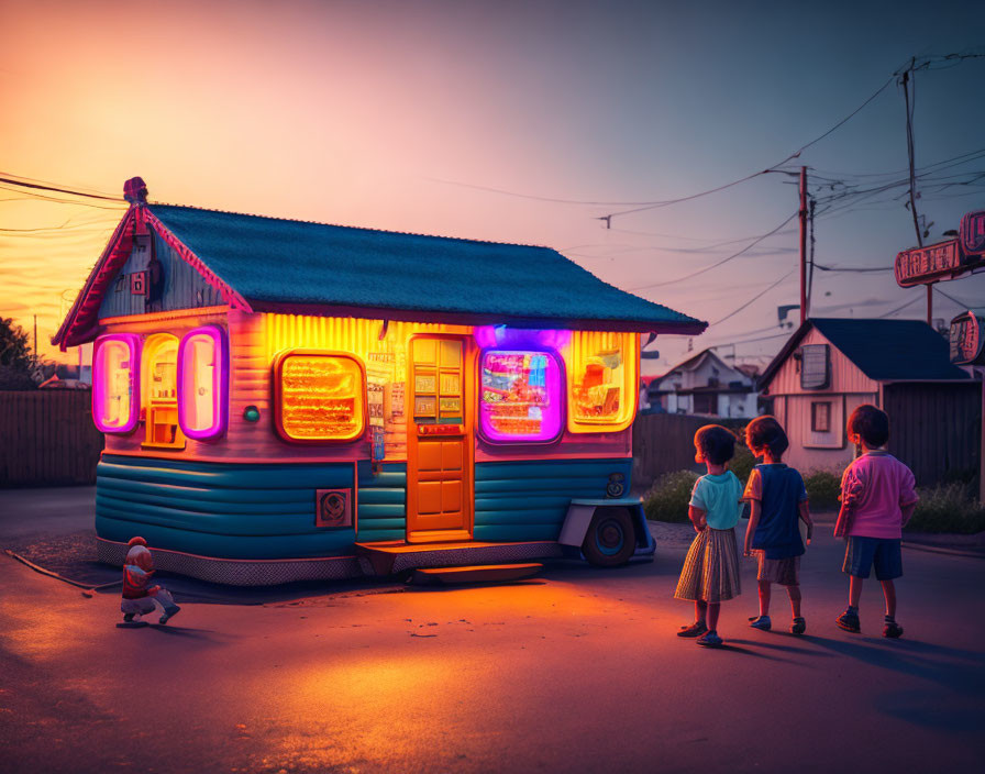 Vibrant neon-lit food kiosk attracts children and dog at twilight