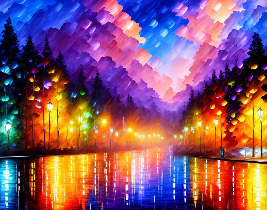 Colorful forest painting with water reflections and blue-pink sky.