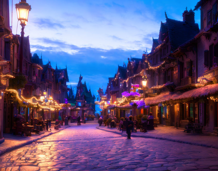 Cobblestone street at twilight with festive lights