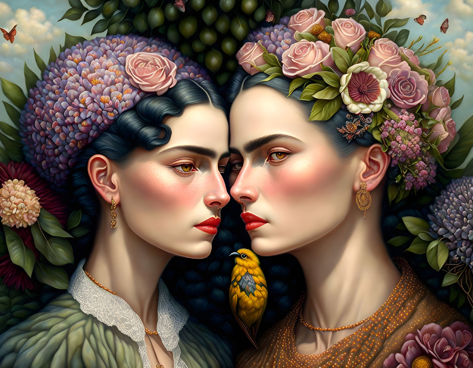 Illustration: Two women with floral headdresses and a bird between them