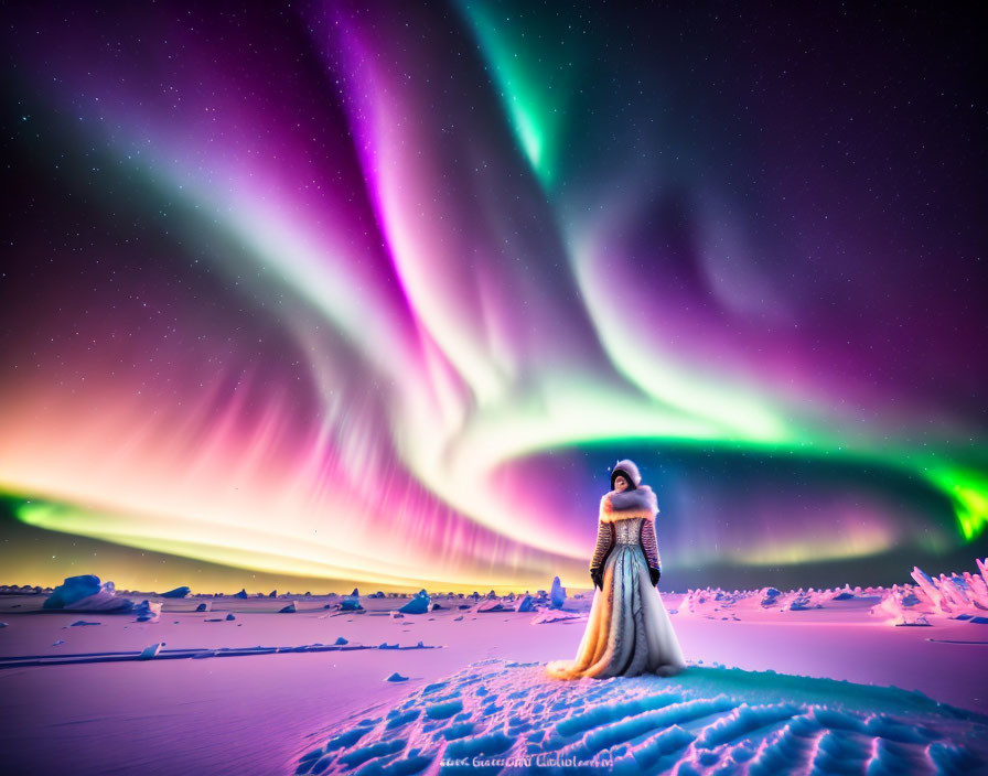 Person in warm coat under vibrant aurora borealis on snowy terrain