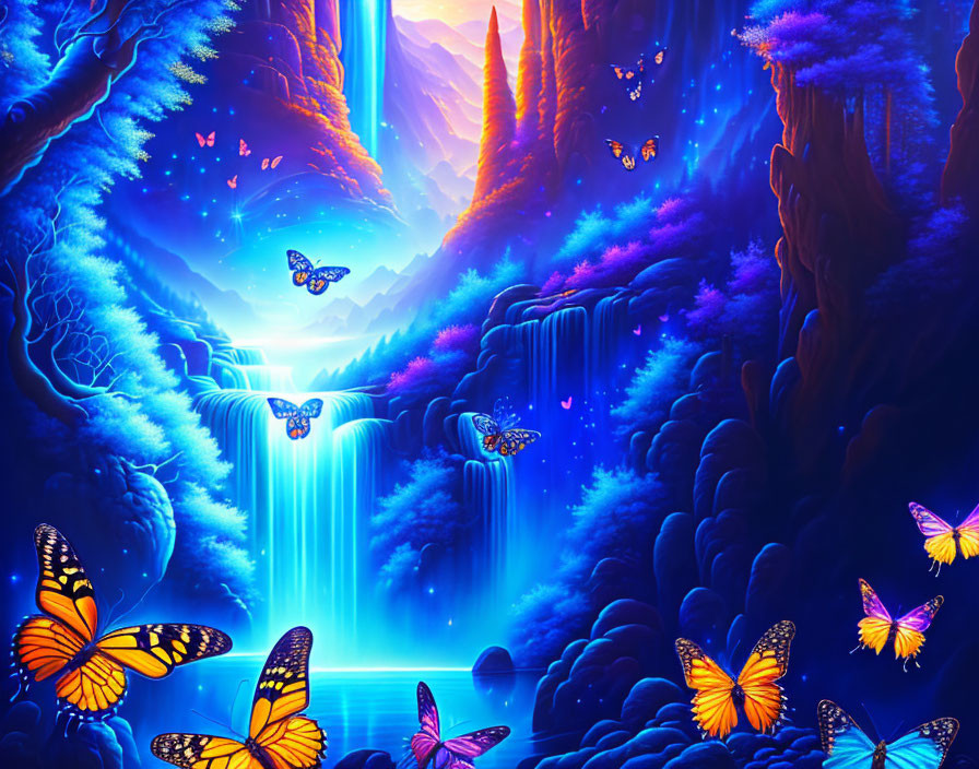 Fantasy landscape with waterfalls, glowing butterflies, and blue-purple flora