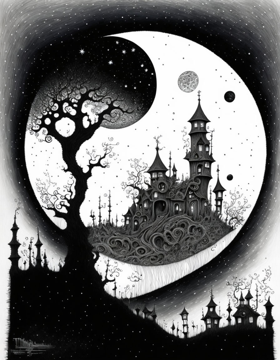 Monochrome whimsical landscape with moon, tree, planets, and castle