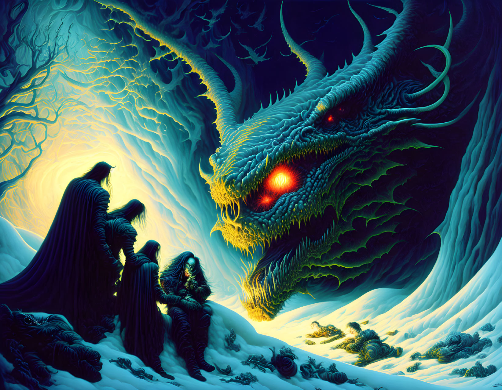 Fantastical icy landscape with cloaked figures and menacing dragon