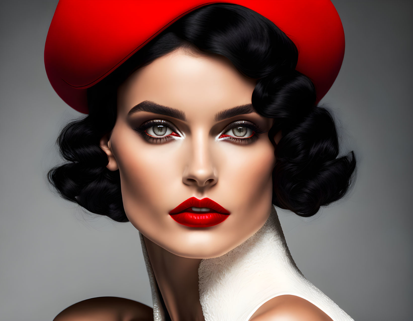 Stylish woman with bold makeup, red lipstick, black hair, and red hat