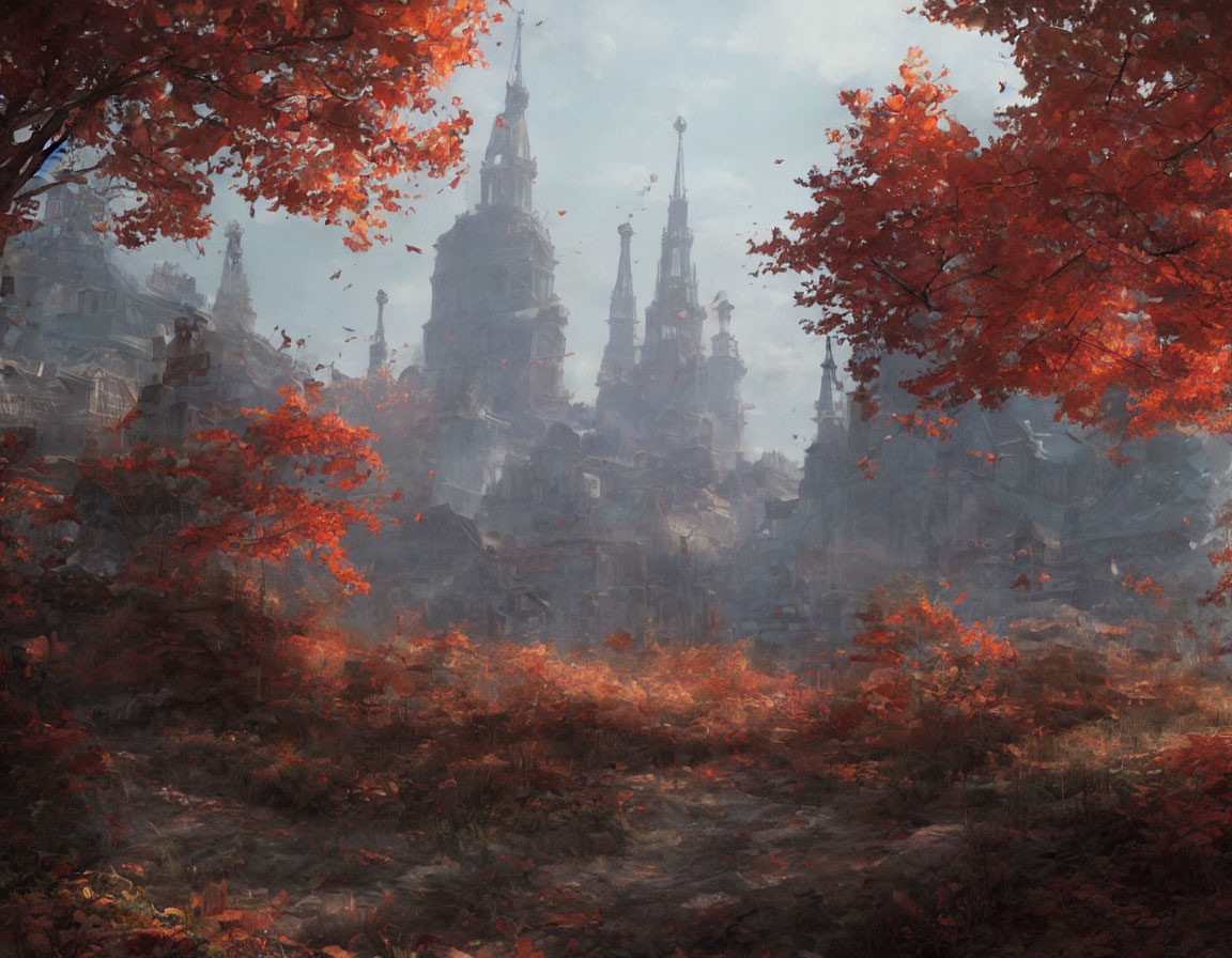 Fantasy autumn landscape with grand castle and vibrant foliage