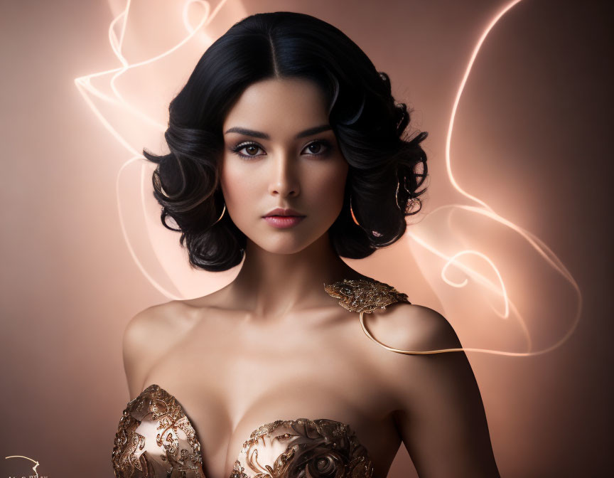 Voluminous curled hair and golden dress on elegant woman