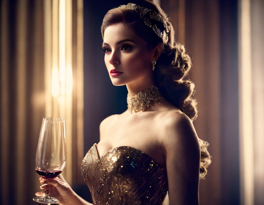 Sophisticated woman in gold evening gown with wine glass in hand against moody backdrop