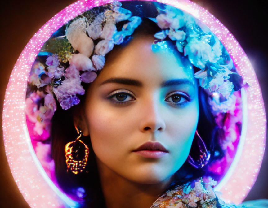 Woman with Floral Adornments and Halo Effect Portrait