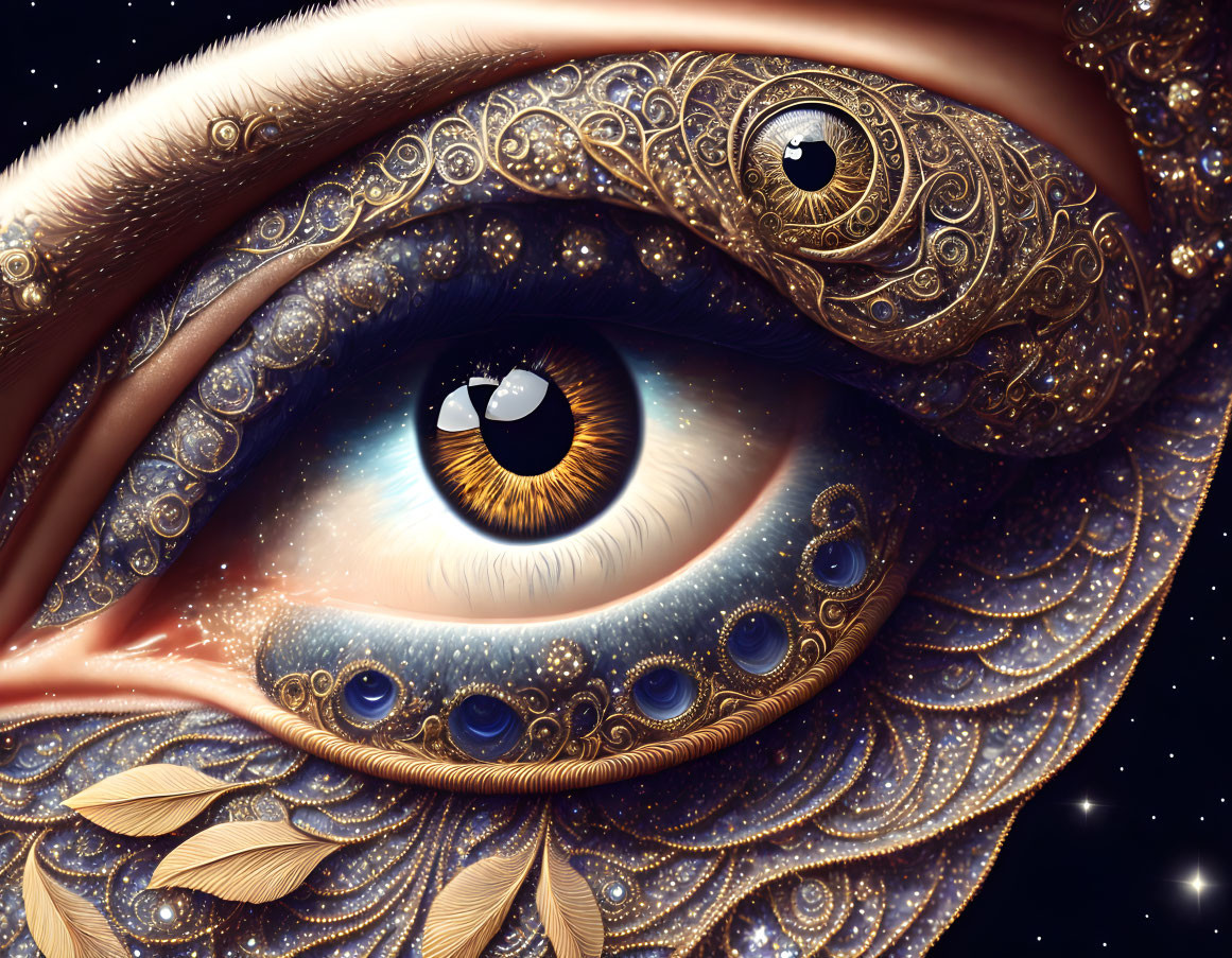 Detailed Eye Artwork with Celestial Elements and Golden Decor on Starry Background