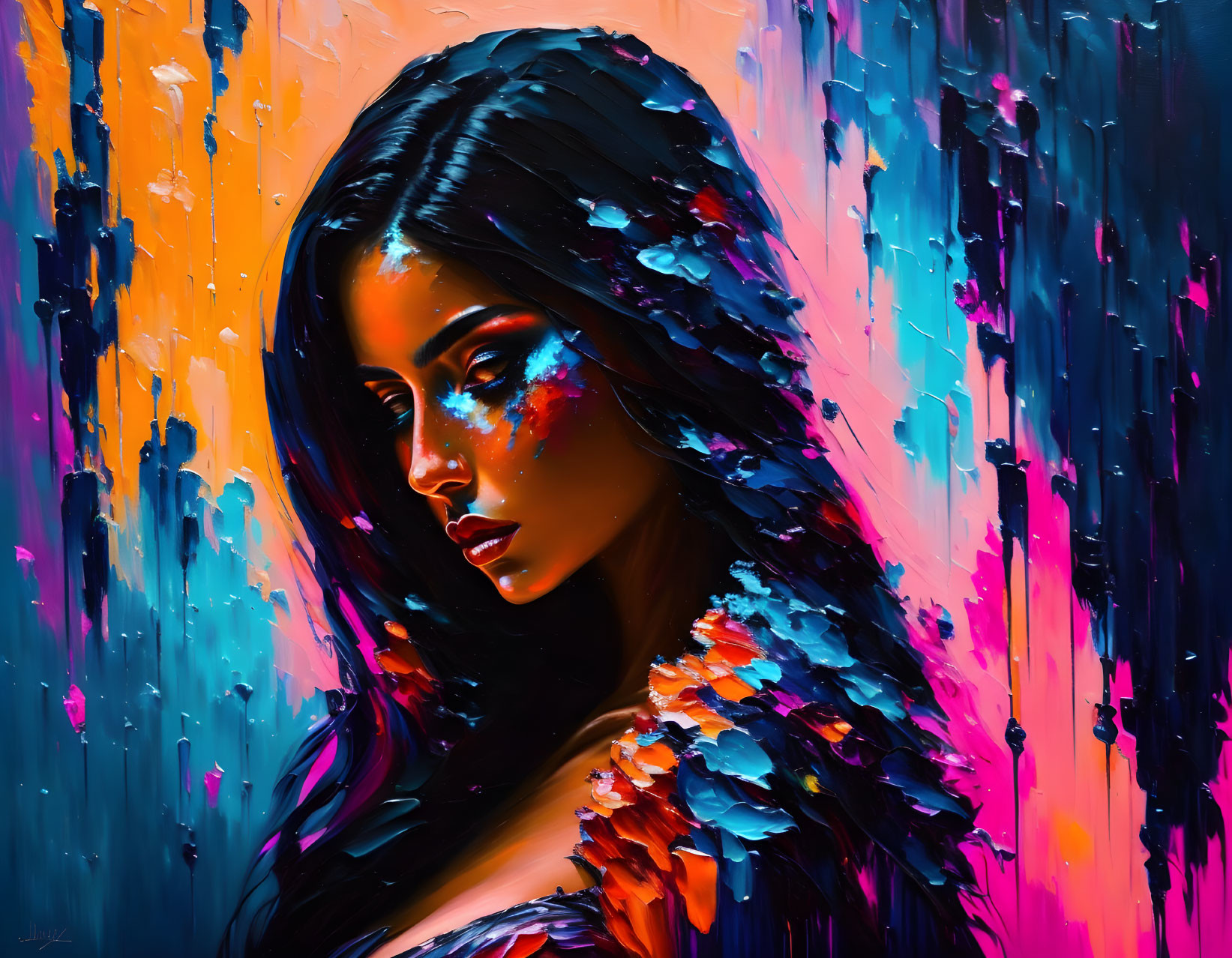 Colorful painting of a contemplative woman with dynamic brushstrokes