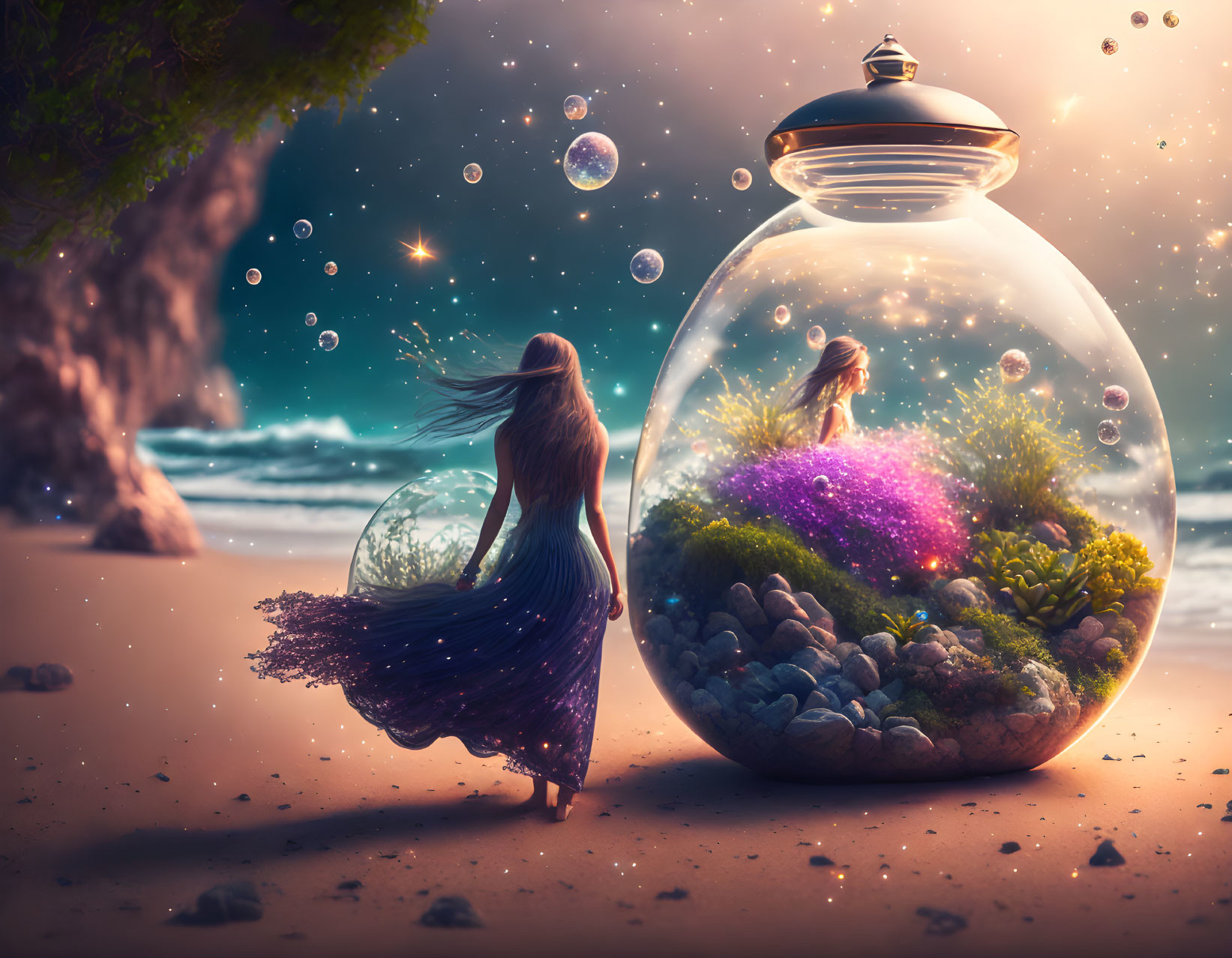 Woman on Beach Contemplates Miniature Self in Terrarium Amid Twilight Sky