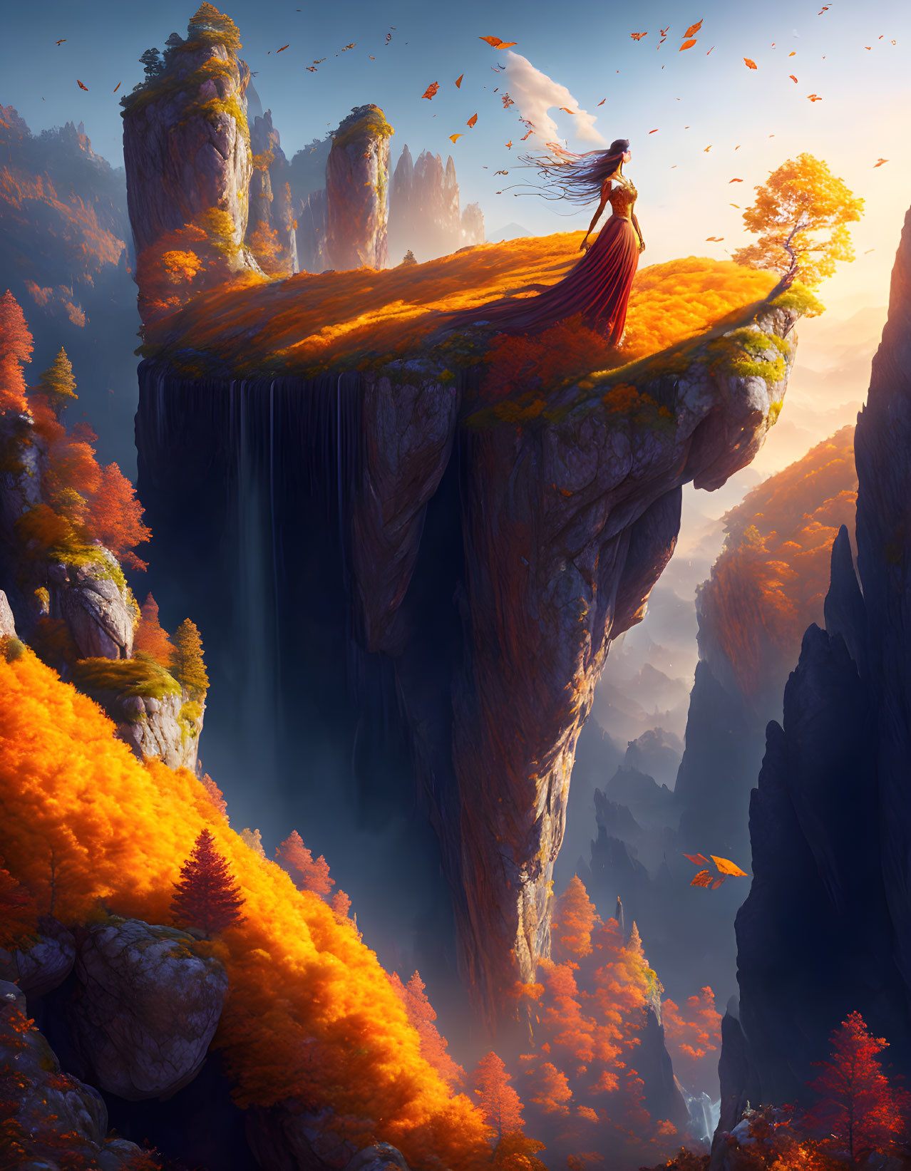 Person in Red Cloak on Floating Island with Autumn Trees and Waterfalls