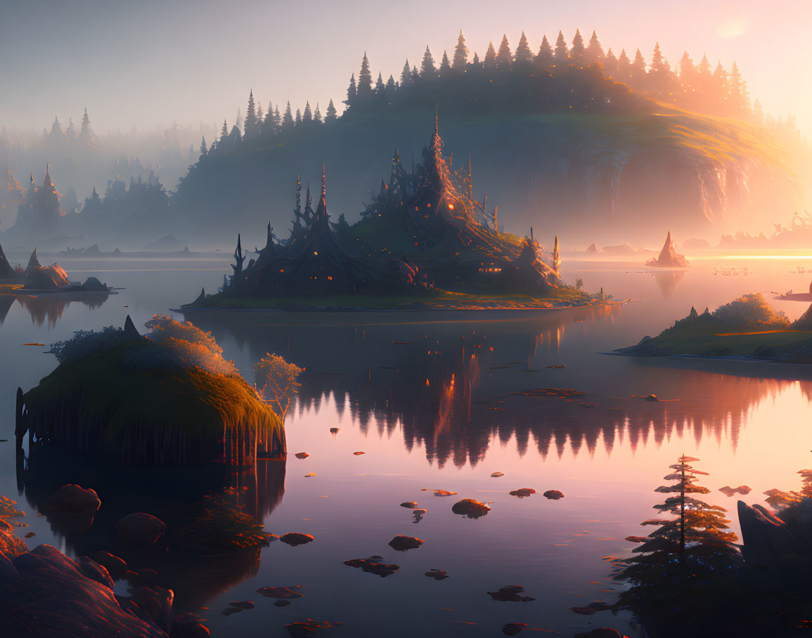 Tranquil lake at sunrise with forested islands and fantasy structures