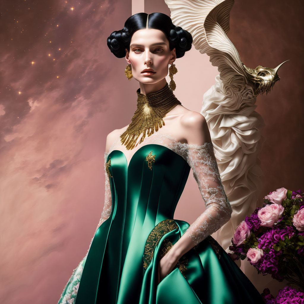 Woman in Green Gown with Mythical Creature and Vintage Styling