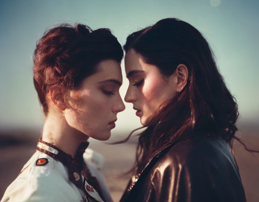 Intimate portrait of two women with dark hair and closed eyes