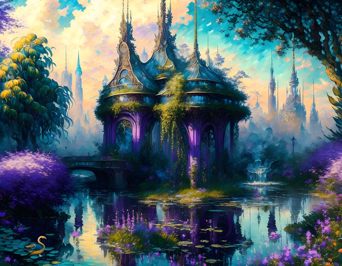 Fantasy landscape with elven-like structure by serene lake