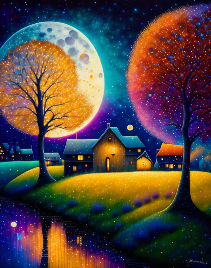 Vibrant countryside painting with moonlit sky & tranquil water