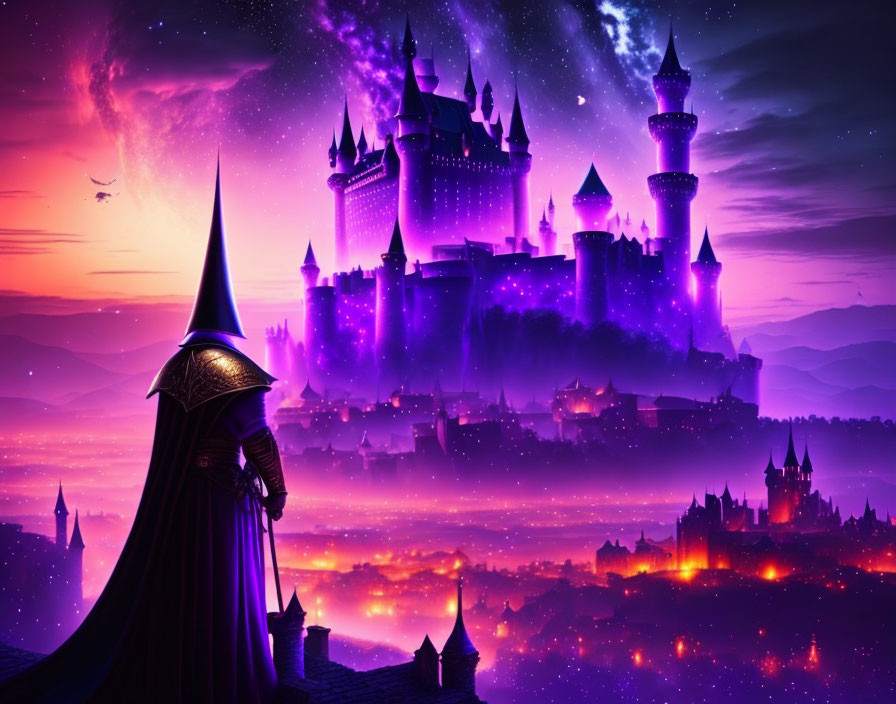 Purple-Hued Castle in Dreamy Nightscape with Robed Figure and Twinkling Stars