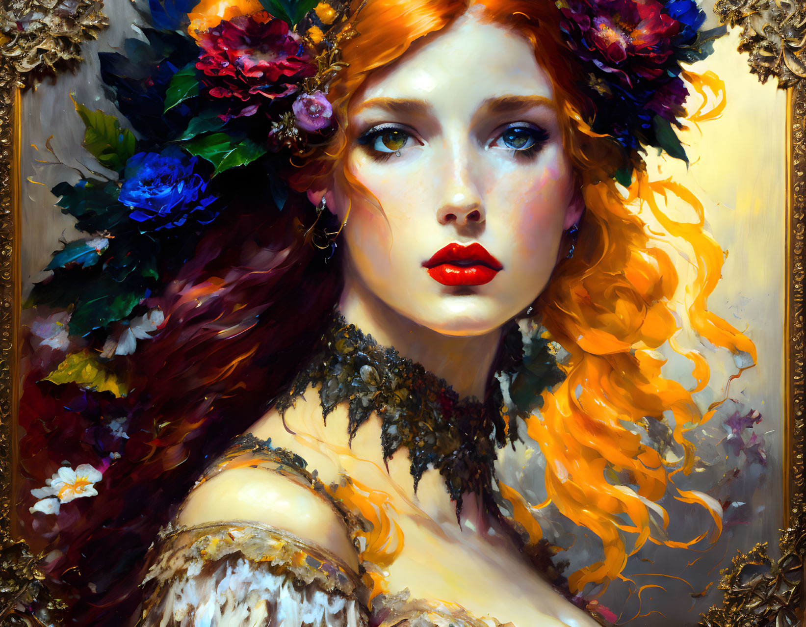 Colorful painting of a woman with auburn hair, flowers, blue eyes, and red lips