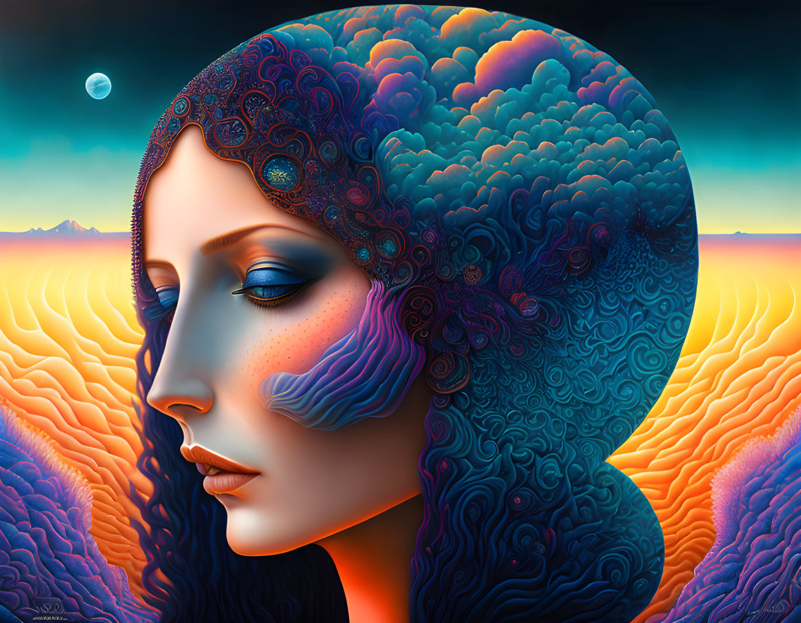 Surreal portrait of woman with vibrant, brain-like hair in sunset landscape