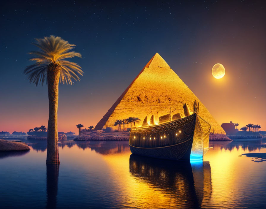 Illuminated Pyramid and Boat on Nile Under Starry Sky