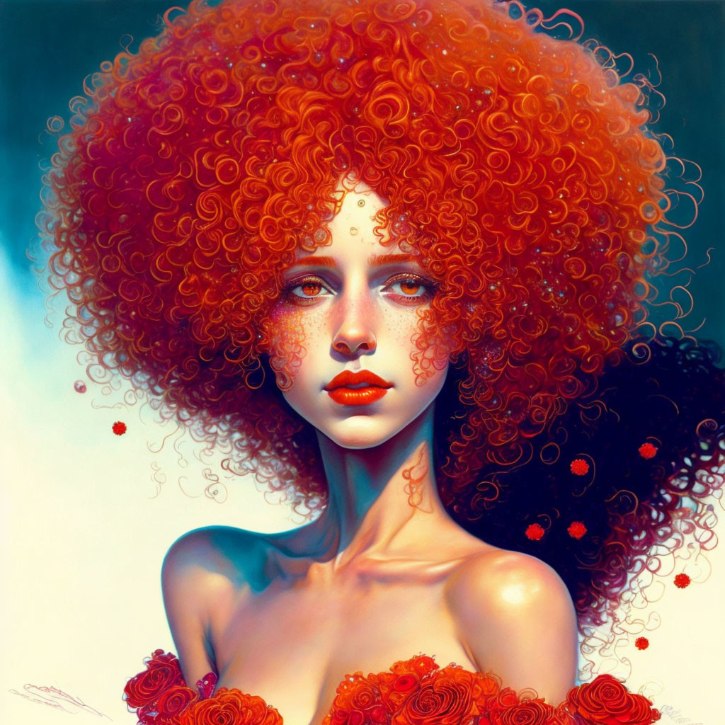 Digital artwork of woman with curly red hair and rose-adorned dress