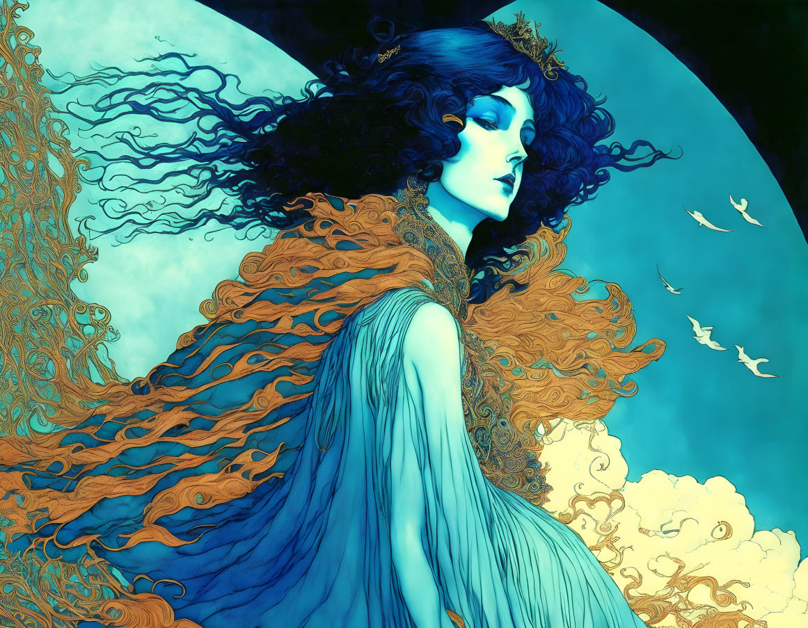 Art Nouveau style illustration of woman with blue and gold hair against crescent moon.