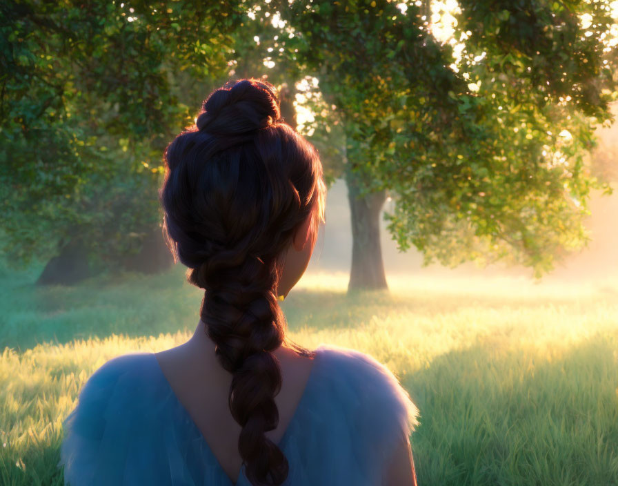 Braided hair woman in misty sunlit grove