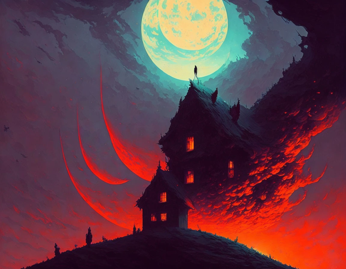 Surreal artwork: Person under giant moon on hilltop, embedded houses, red sky